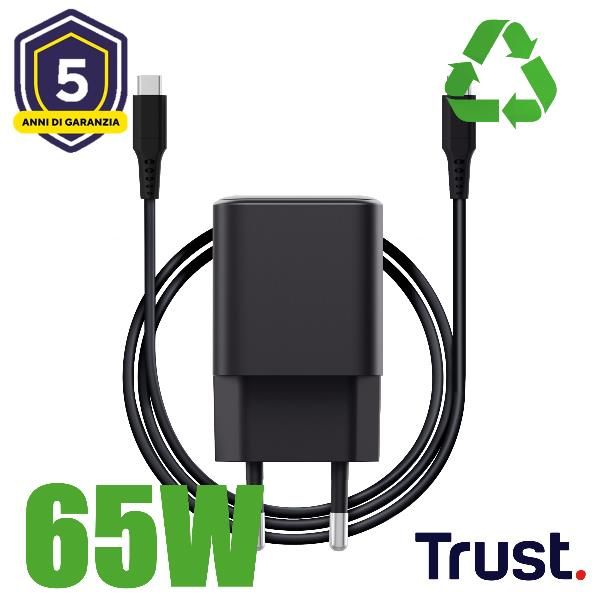 ALIMENTATORE/CARICABATTERIA 65W ULRTACOMPATTO USB-C GAN - CAVO RICARICA INCLUSO - PLASTICA RICICLATA 100% - TRUST MAXO - NERO [26046]