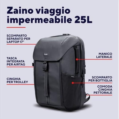 ZAINO LAPTOP/NOTEBOOK FINO A 17" ECO - IMPERMEABILE IPX4 - REALIZZATO CON PET RICICLATO - TRUST JERSEY TRAVEL BACKPACK NERO [25669]