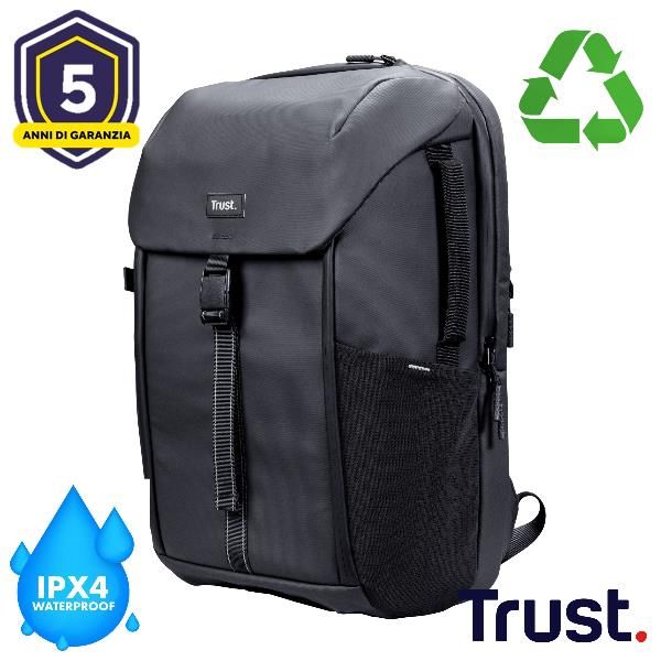 ZAINO LAPTOP/NOTEBOOK FINO A 17" ECO - IMPERMEABILE IPX4 - REALIZZATO CON PET RICICLATO - TRUST JERSEY TRAVEL BACKPACK NERO [25669]