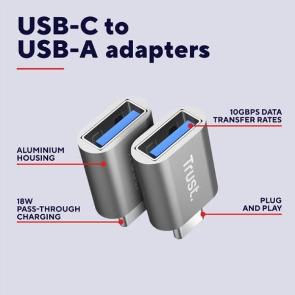 ADATTATORE DA USB-C (MASCHIO) A USB-A (FEMMINA), CONFEZIONE DA 2 - TRUST CALYX - GRIGIO [26221]