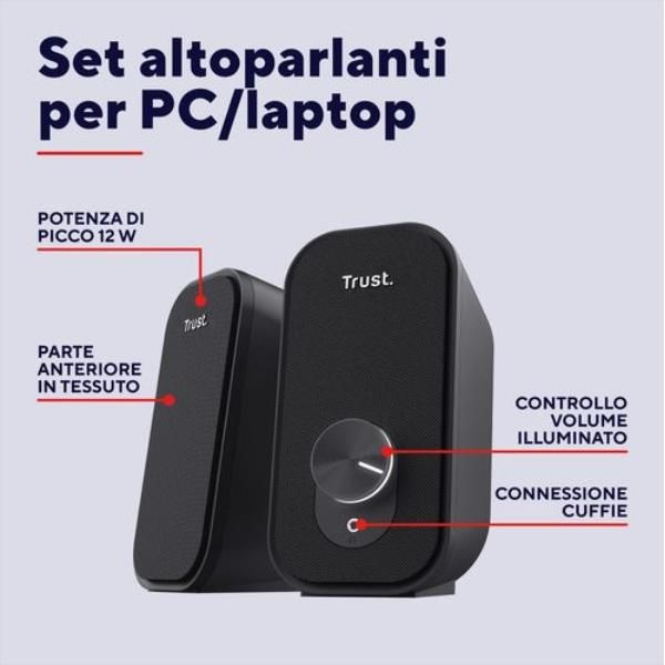 SET ALTOPARLANTI SPEAKERS 2.0 12W PICCO (6W RMS) CON PRESA PER CUFFIE - TRUST ADOR 2.0 - NERO/GRIGIO [25670]