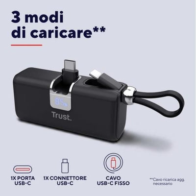 POWERBANK 5.000MAH - TASCABILE - CAVO USB-C PD 20W + 1 USB-C 20W PD 3.0 + PPS + INGRESSO USB-C 18W - TRUST PACTO POWERBANK - NERO [26104]