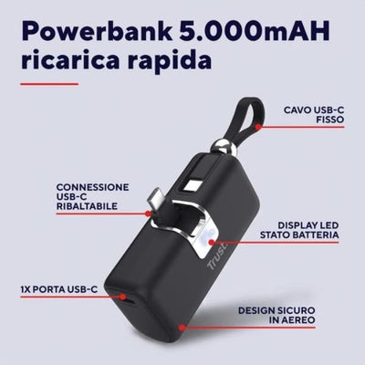 POWERBANK 5.000MAH - TASCABILE - CAVO USB-C PD 20W + 1 USB-C 20W PD 3.0 + PPS + INGRESSO USB-C 18W - TRUST PACTO POWERBANK - NERO [26104]