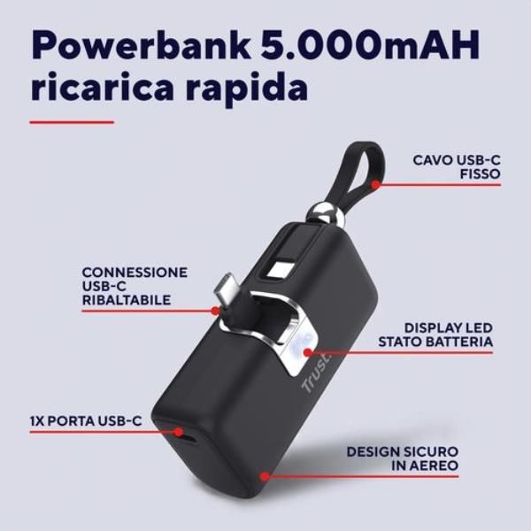 POWERBANK 5.000MAH - TASCABILE - CAVO USB-C PD 20W + 1 USB-C 20W PD 3.0 + PPS + INGRESSO USB-C 18W - TRUST PACTO POWERBANK - NERO [26104]