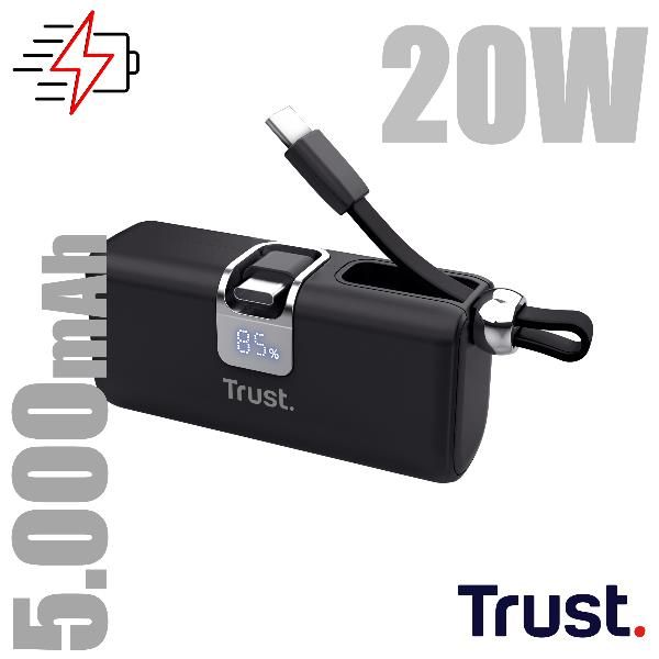 POWERBANK 5.000MAH - TASCABILE - CAVO USB-C PD 20W + 1 USB-C 20W PD 3.0 + PPS + INGRESSO USB-C 18W - TRUST PACTO POWERBANK - NERO [26104]