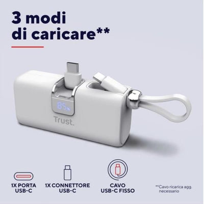 POWERBANK 5.000MAH - TASCABILE - CAVO USB-C PD 20W + 1 USB-C 20W PD 3.0 + PPS + INGRESSO USB-C 18W - TRUST PACTO POWERBANK - BIANCO [26105]