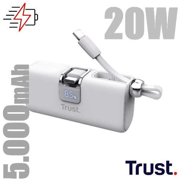 POWERBANK 5.000MAH - TASCABILE - CAVO USB-C PD 20W + 1 USB-C 20W PD 3.0 + PPS + INGRESSO USB-C 18W - TRUST PACTO POWERBANK - BIANCO [26105]