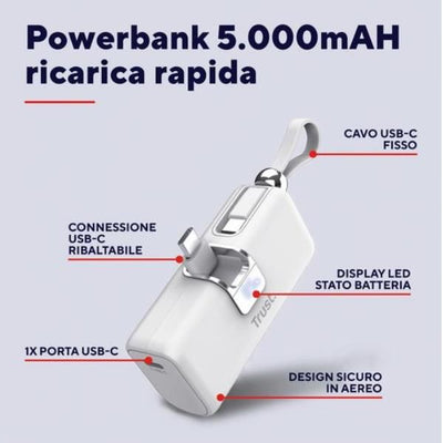 POWERBANK 5.000MAH - TASCABILE - CAVO USB-C PD 20W + 1 USB-C 20W PD 3.0 + PPS + INGRESSO USB-C 18W - TRUST PACTO POWERBANK - BIANCO [26105]