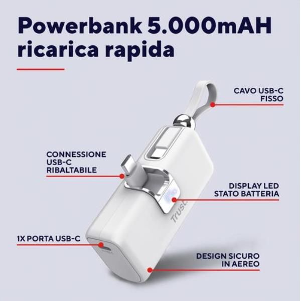 POWERBANK 5.000MAH - TASCABILE - CAVO USB-C PD 20W + 1 USB-C 20W PD 3.0 + PPS + INGRESSO USB-C 18W - TRUST PACTO POWERBANK - BIANCO [26105]