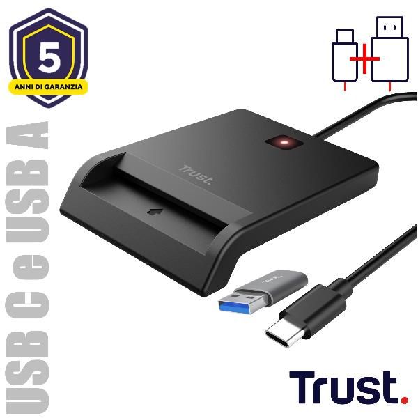 LETTORE DI SMART CARD DNI (TIPO TESSERA SANITARIA) - USB C/USB A - TRUST PRIMO NERO [26253]