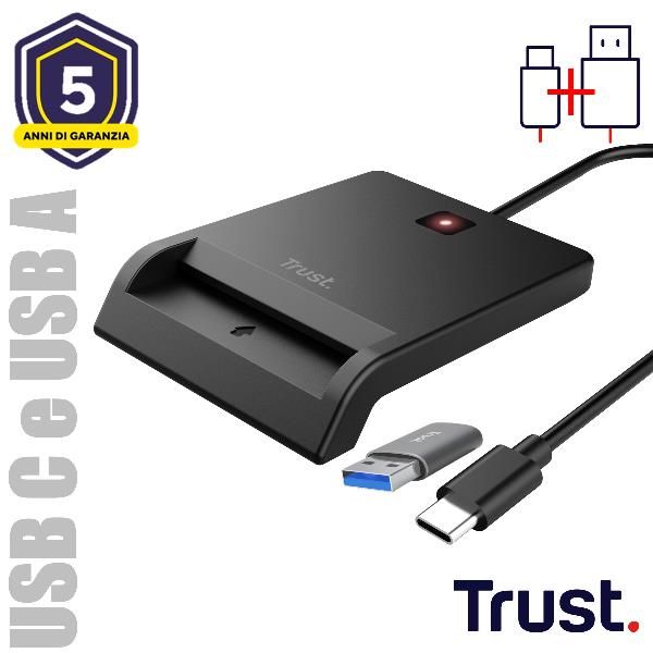 LETTORE DI SMART CARD DNI (TIPO TESSERA SANITARIA) - USB C/USB A - TRUST PRIMO NERO [26253]
