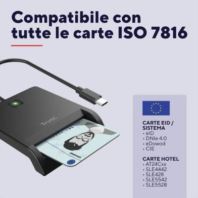 LETTORE DI SMART CARD DNI (TIPO TESSERA SANITARIA) - USB C/USB A - TRUST PRIMO NERO [26253]