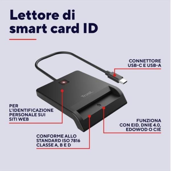 LETTORE DI SMART CARD DNI (TIPO TESSERA SANITARIA) - USB C/USB A - TRUST PRIMO NERO [26253]