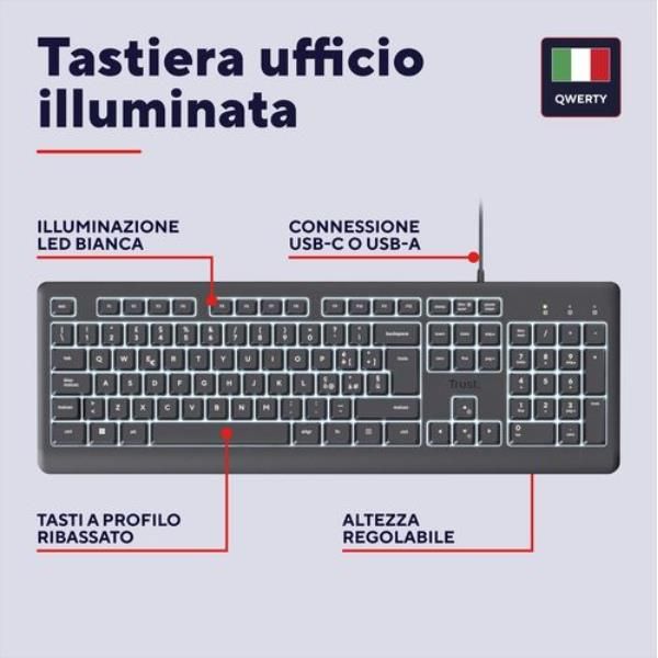 TASTIERA ILLUMINATA CABLATA 180CM RESISTENTE AGLI SVERSAMENTI 70% PLASTICA RICICLATA - TASTI SILENZIOSI - LAYOUT ITALIANO - TRUST PRIMO ILLUMINATED - NERO [25820]