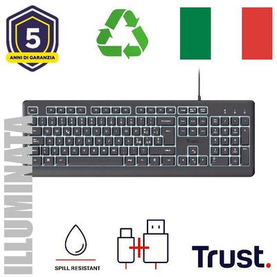 TASTIERA ILLUMINATA CABLATA 180CM RESISTENTE AGLI SVERSAMENTI 70% PLASTICA RICICLATA - TASTI SILENZIOSI - LAYOUT ITALIANO - TRUST PRIMO ILLUMINATED - NERO [25820]