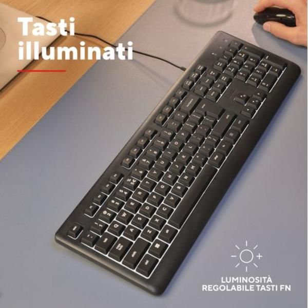 TASTIERA ILLUMINATA CABLATA 180CM RESISTENTE AGLI SVERSAMENTI 70% PLASTICA RICICLATA - TASTI SILENZIOSI - LAYOUT ITALIANO - TRUST PRIMO ILLUMINATED - NERO [25820]