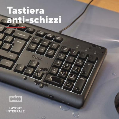 TASTIERA ILLUMINATA CABLATA 180CM RESISTENTE AGLI SVERSAMENTI 70% PLASTICA RICICLATA - TASTI SILENZIOSI - LAYOUT ITALIANO - TRUST PRIMO ILLUMINATED - NERO [25820]