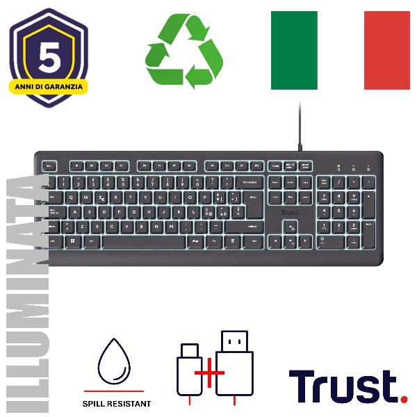 TASTIERA ILLUMINATA CABLATA 180CM RESISTENTE AGLI SVERSAMENTI 70% PLASTICA RICICLATA - TASTI SILENZIOSI - LAYOUT ITALIANO - TRUST PRIMO ILLUMINATED - NERO [25820]