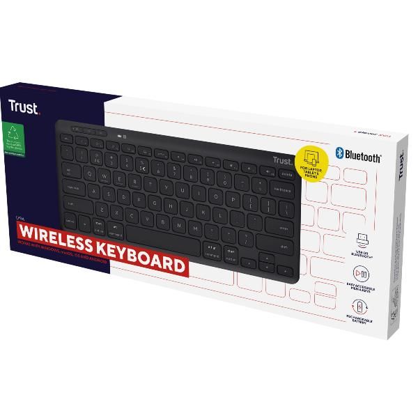 TASTIERA WIRELESS RICARICABILE MULTICONNECT 2 BT + 1 WL 2,4GHZ - PLASTICA RICICLATA 85% - LAYOUT ITALIANO - TRUST LYRA NERO [24708]