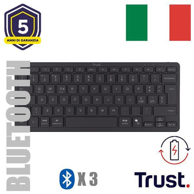 TASTIERA WIRELESS BLUETOOTH RICARICABILE MULTICONNECT 3 BT - LAYOUT ITALIANO - TRUST NADO II - NERA [26195]