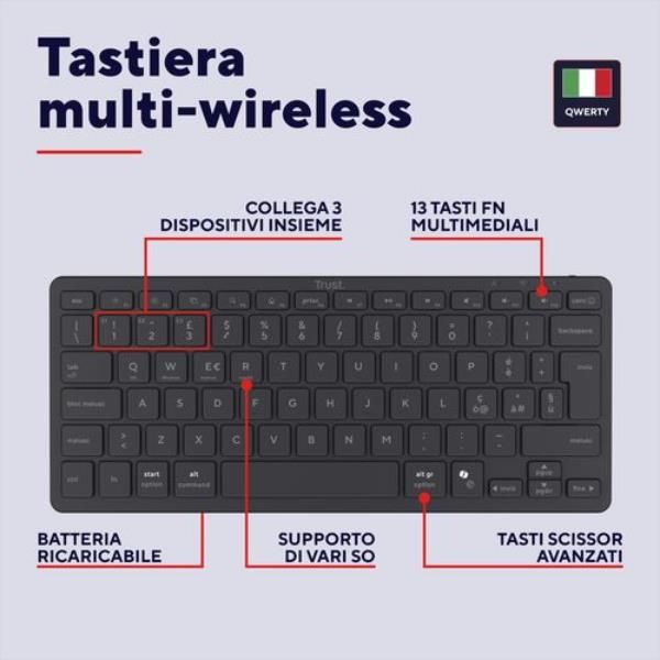 TASTIERA WIRELESS BLUETOOTH RICARICABILE MULTICONNECT 3 BT - LAYOUT ITALIANO - TRUST NADO II - NERA [26195]