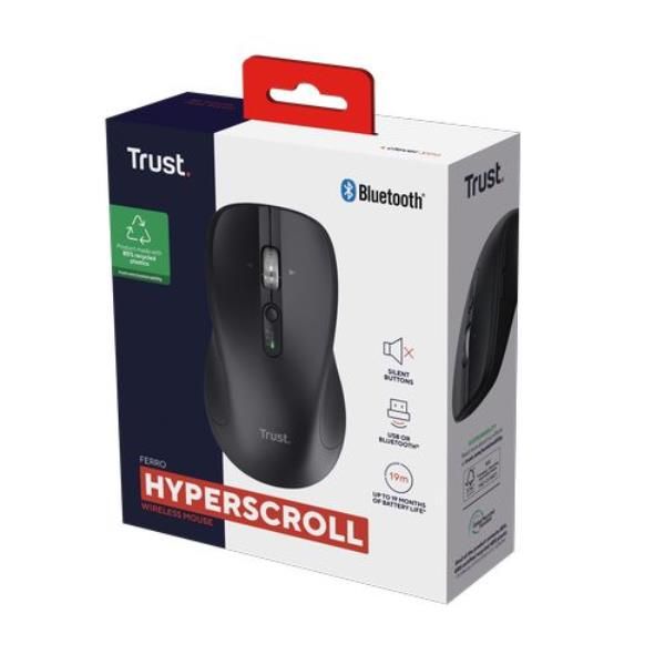 MOUSE WIRELESS MULTICONNECT 2x BT + WL 2,4GHZ CON ROTELLA HYPERSCROLL + SCROLL ORIZZONTALE - PLASTICA RICICLATA 85% - DURATA BATTERIE 19M - SILENT - 3200DPI - TRUST FERRO - NERO [25673]