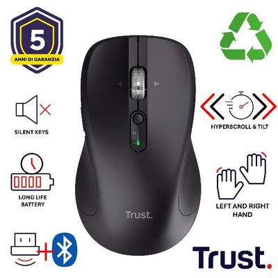 MOUSE WIRELESS MULTICONNECT 2x BT + WL 2,4GHZ CON ROTELLA HYPERSCROLL + SCROLL ORIZZONTALE - PLASTICA RICICLATA 85% - DURATA BATTERIE 19M - SILENT - 3200DPI - TRUST FERRO - NERO [25673]