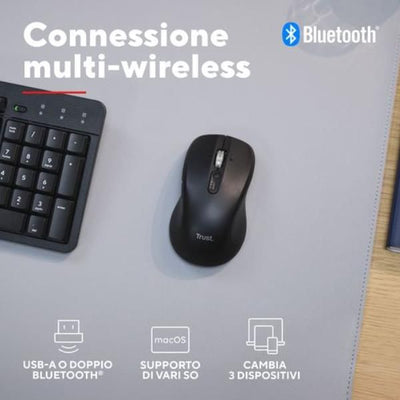 MOUSE WIRELESS MULTICONNECT 2x BT + WL 2,4GHZ CON ROTELLA HYPERSCROLL + SCROLL ORIZZONTALE - PLASTICA RICICLATA 85% - DURATA BATTERIE 19M - SILENT - 3200DPI - TRUST FERRO - NERO [25673]