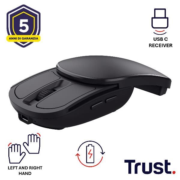 MOUSE WIRELESS USB-C RICARICABILE RICHIUDIBILE TASCABILE - 2400DPI - TRUST ZYLO - NERO [25733]