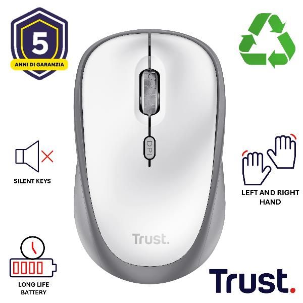 MOUSE WIRELESS SILENZIOSO - 1600DPI - PLASTICA RICICLATA 83% - DURATA BATTERIA 12 MESI - TRUST YVI+ - BIANCO [25513]