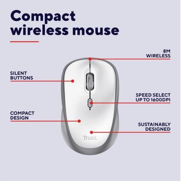 MOUSE WIRELESS SILENZIOSO - 1600DPI - PLASTICA RICICLATA 83% - DURATA BATTERIA 12 MESI - TRUST YVI+ - BIANCO [25513]