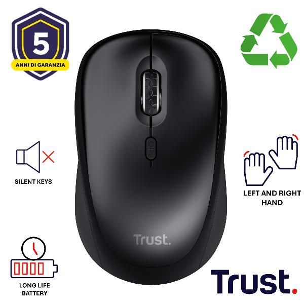 MOUSE WIRELESS SILENZIOSO - 1600DPI - PLASTICA RICICLATA 82% - DURATA BATTERIA 12 MESI - TRUST YVI+ - NERO GLOSS [25512]