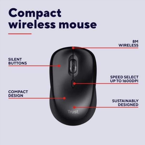MOUSE WIRELESS SILENZIOSO - 1600DPI - PLASTICA RICICLATA 82% - DURATA BATTERIA 12 MESI - TRUST YVI+ - NERO GLOSS [25512]