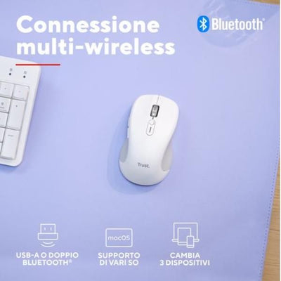 MOUSE WIRELESS MULTICONNECT 2x BT + WL 2,4GHZ CON ROTELLA HYPERSCROLL + SCROLL ORIZZONTALE - PLASTICA RICICLATA 65% - DURATA BATTERIE 19M - SILENT - 3200DPI - TRUST FERRO - BIANCO [25674]