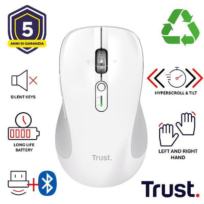 MOUSE WIRELESS MULTICONNECT 2x BT + WL 2,4GHZ CON ROTELLA HYPERSCROLL + SCROLL ORIZZONTALE - PLASTICA RICICLATA 65% - DURATA BATTERIE 19M - SILENT - 3200DPI - TRUST FERRO - BIANCO [25674]