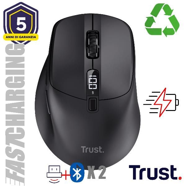 MOUSE WIRELESS RICARICA ULTRAVELOCE 3MIN 24GG - MULTICONNECT WL 2,4GHZ + 2x BT SILENT - PLASTICA RICICLATA 85% - 4000DPI - TRUST ZEVO - NERO [25991]