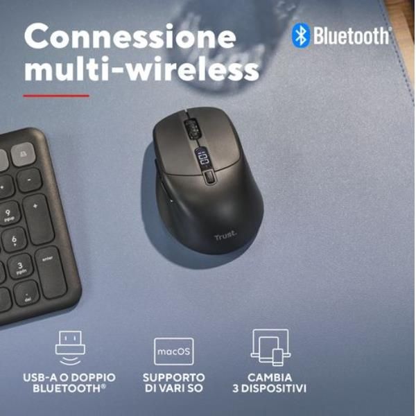 MOUSE WIRELESS RICARICA ULTRAVELOCE 3MIN 24GG - MULTICONNECT WL 2,4GHZ + 2x BT SILENT - PLASTICA RICICLATA 85% - 4000DPI - TRUST ZEVO - NERO [25991]