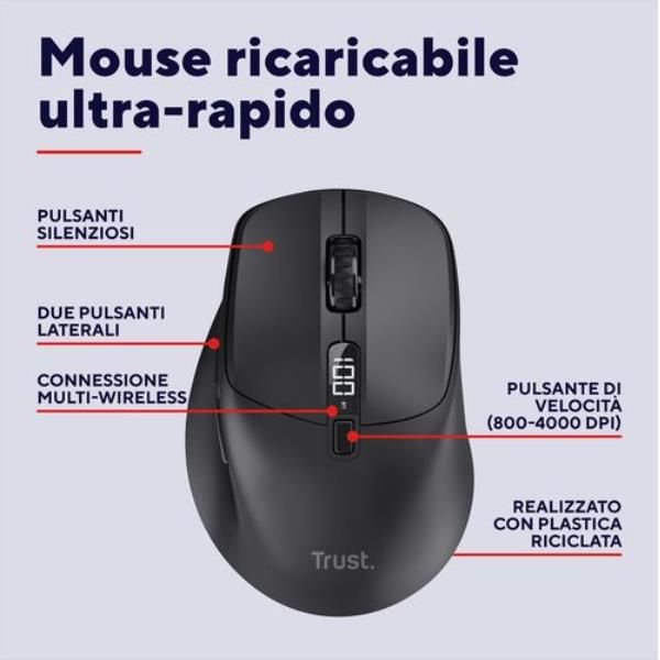 MOUSE WIRELESS RICARICA ULTRAVELOCE 3MIN 24GG - MULTICONNECT WL 2,4GHZ + 2x BT SILENT - PLASTICA RICICLATA 85% - 4000DPI - TRUST ZEVO - NERO [25991]