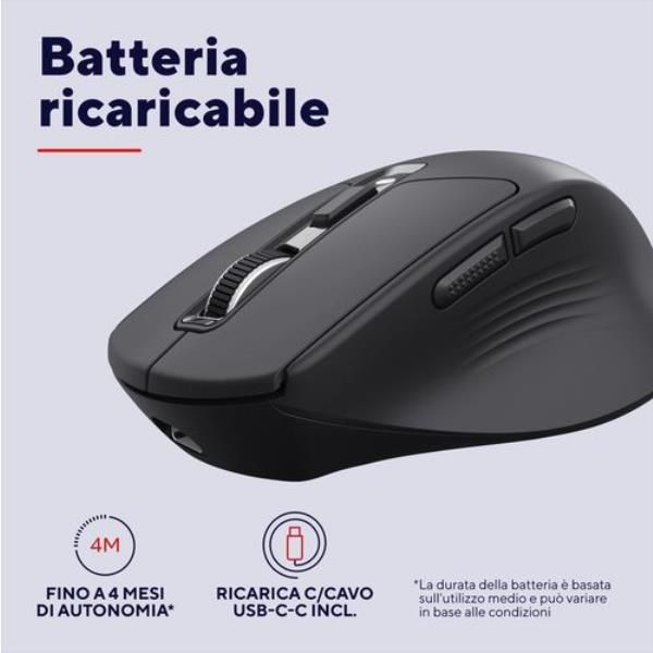 MOUSE WIRELESS RICARICABILE MULTICONNECT WL 2,4GHZ + 2x BT SILENT - 3200DPI - TRUST NIVEN - NERO [26021]