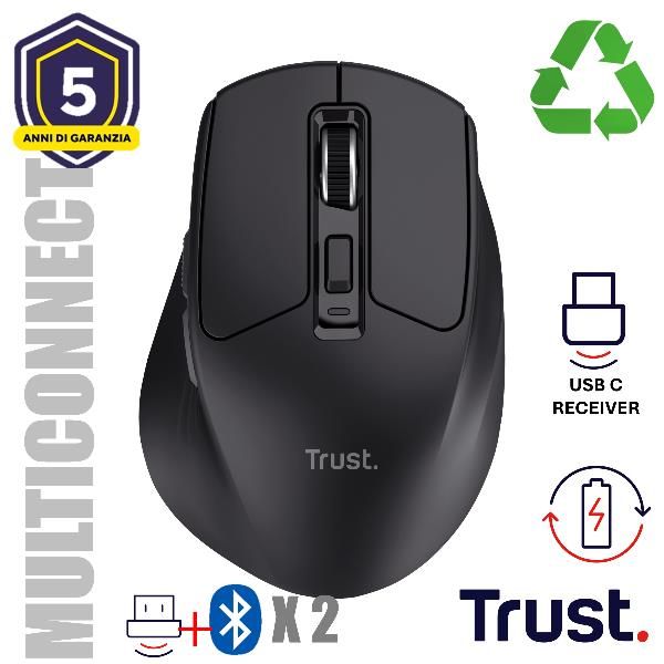 MOUSE WIRELESS RICARICABILE MULTICONNECT WL 2,4GHZ + 2x BT SILENT - 3200DPI - TRUST NIVEN - NERO [26021]