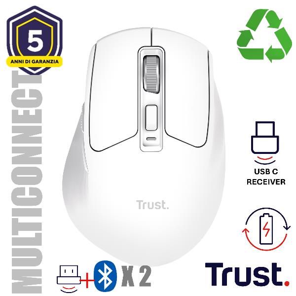 MOUSE WIRELESS RICARICABILE MULTICONNECT WL 2,4GHZ + 2x BT SILENT - 3200DPI - TRUST NIVEN - BIANCO [26022]