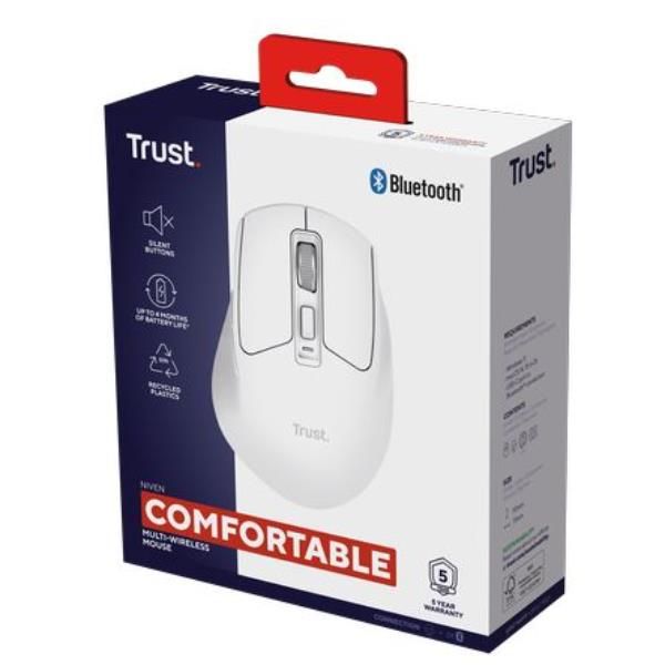 MOUSE WIRELESS RICARICABILE MULTICONNECT WL 2,4GHZ + 2x BT SILENT - 3200DPI - TRUST NIVEN - BIANCO [26022]