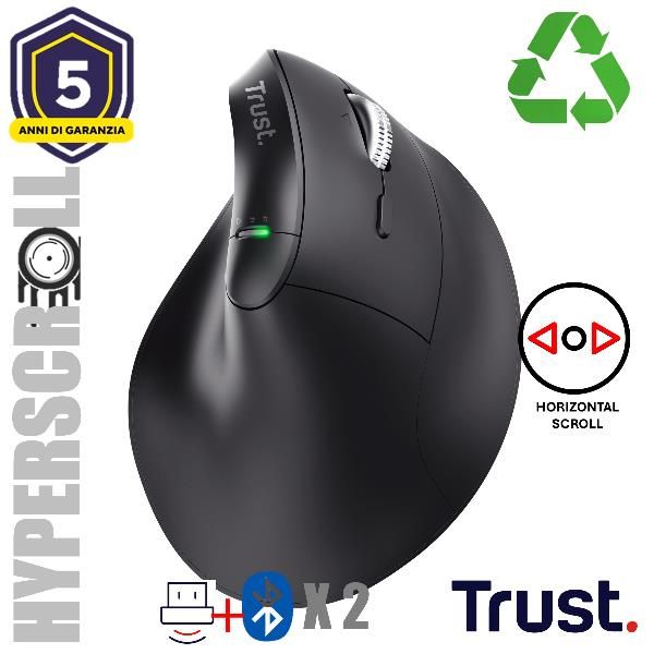 MOUSE ERGONOMICO VERTICALE HYPERSCROLL WIRELESS RICARICABILE MULTICONNECT 2x BT + WL 2,4GHZ (USB A + USB C) - PLASTICA RICICLATA 85% - 4800DPI - TRUST VYRAN - NERO [26107]