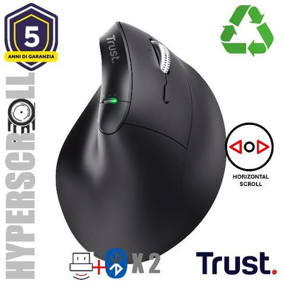 TRUST MOUSE ERGONOMICO VERTICALE HYPERSCROLL WIRELESS RICARICABILE MULTICONNECT 2x BT + WL 2,4GHZ (U [26107]