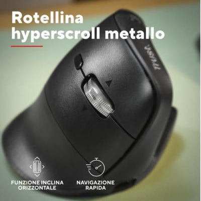MOUSE ERGONOMICO VERTICALE HYPERSCROLL WIRELESS RICARICABILE MULTICONNECT 2x BT + WL 2,4GHZ (USB A + USB C) - PLASTICA RICICLATA 85% - 4800DPI - TRUST VYRAN - NERO [26107]