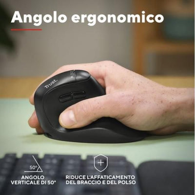 MOUSE ERGONOMICO VERTICALE HYPERSCROLL WIRELESS RICARICABILE MULTICONNECT 2x BT + WL 2,4GHZ (USB A + USB C) - PLASTICA RICICLATA 85% - 4800DPI - TRUST VYRAN - NERO [26107]
