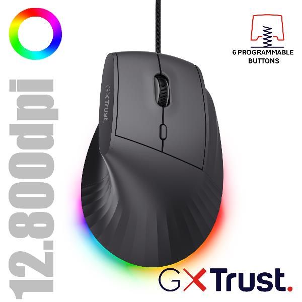 MOUSE ERGONOMICO VERTICALE CABLATO 1,7M RGB 12.800 DPI - 6 TASTI PROGRAMMABILI - TRUST GXT 145 REXXA - NERO [26024]