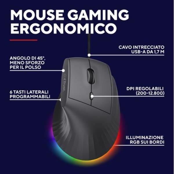 MOUSE ERGONOMICO VERTICALE CABLATO 1,7M RGB 12.800 DPI - 6 TASTI PROGRAMMABILI - TRUST GXT 145 REXXA - NERO [26024]