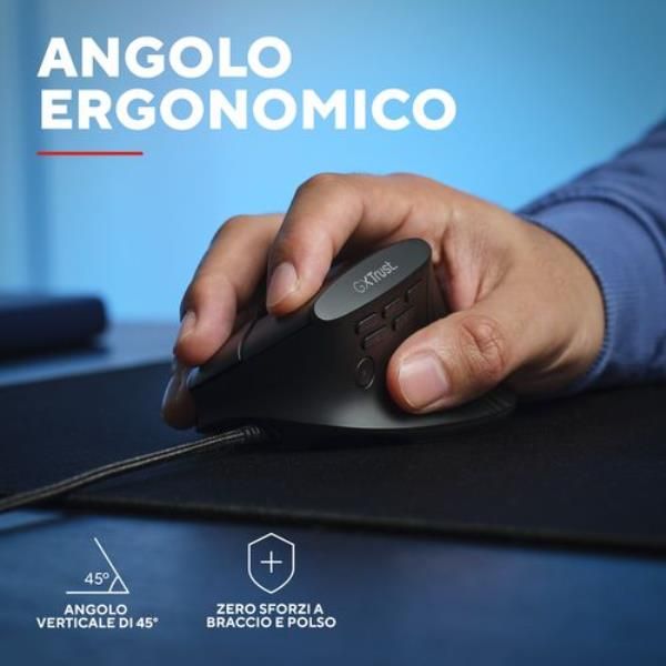MOUSE ERGONOMICO VERTICALE CABLATO 1,7M RGB 12.800 DPI - 6 TASTI PROGRAMMABILI - TRUST GXT 145 REXXA - NERO [26024]