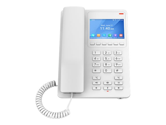Grandstream GHP630W -Compact Hotel IP Phone, 2 SIP accounts, 2 lines, 1x Ethernet 10/100 PoE, Wi-Fi, 480x320 (3.5") Color LCD, 12V/0.5A PSU, White [GHP630W]